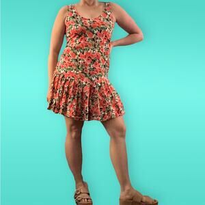 Vintage Womens Pink Mini Dress Floral Drop Waist Pleated Skirt VTG Small